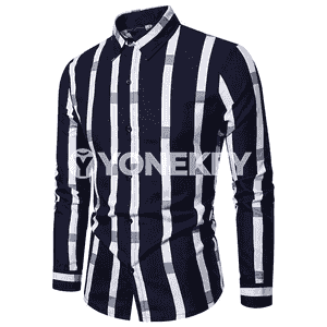 Erkekler üçin niýetlenen dik zolakly we uzyn ýeňli moda köýnek.